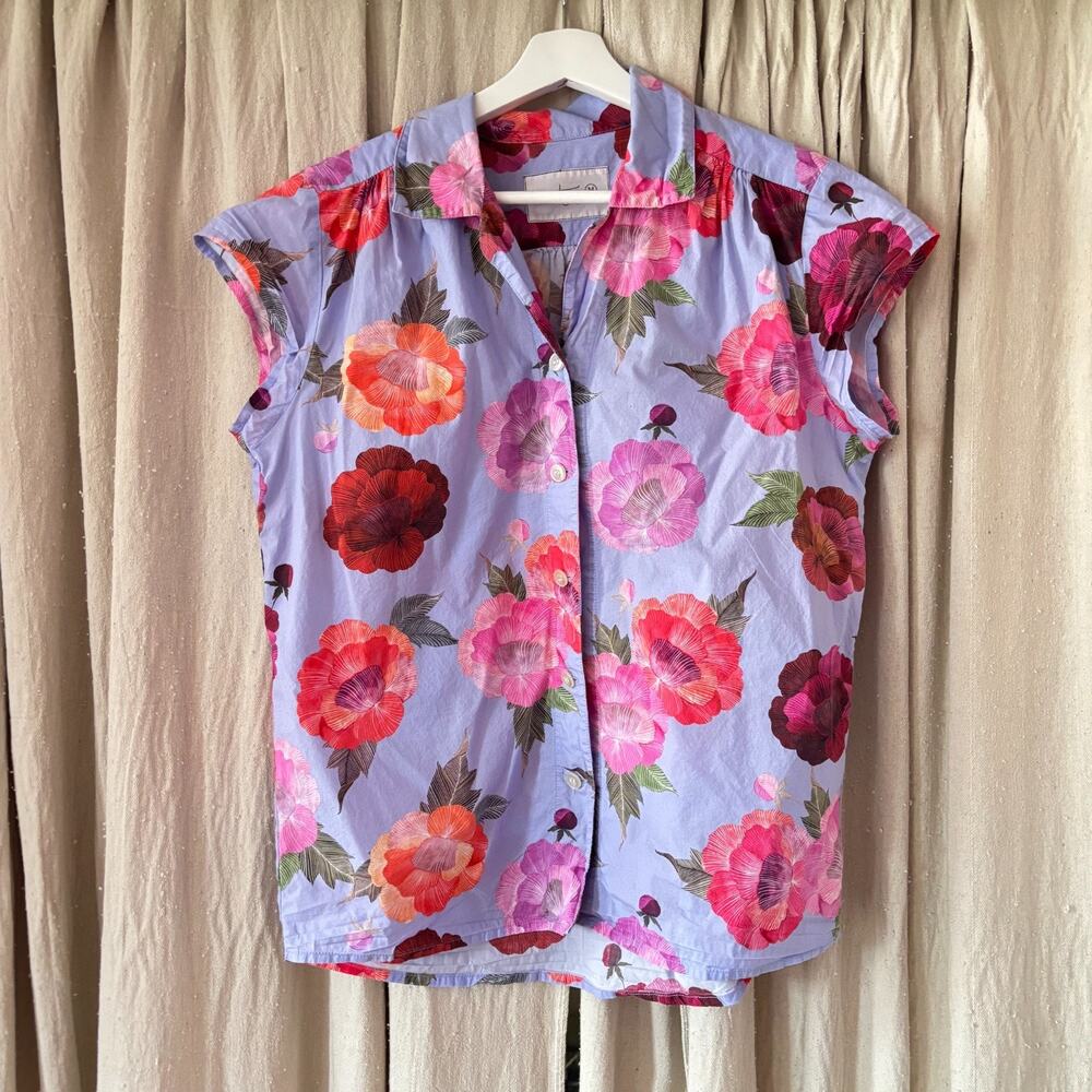 The Cat's Pajamas Floral Cotton Sleep Shirt Button Front Cap Sleeve Size M